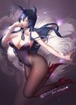  ahri animal_ears blue_hair breasts citemer cleavage collar corset detached_collar facial_mark fox_ears high_heels highres large_breasts league_of_legends leotard long_hair necktie pantyhose playboy_bunny_leotard solo wrist_cuffs yellow_eyes zoom_layer 