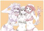  :d ;d absurdres archvermin arm_around_shoulder ashido_mina asui_tsuyu bikini black_sclera blush boku_no_hero_academia breasts cleavage double_v groin highres large_breasts long_tongue looking_at_viewer monster_girl multiple_girls multiple_monochrome muted_color navel one_eye_closed open_mouth orange_background red_eyes red_hair short_hair side-tie_bikini smile swimsuit tongue tongue_out uraraka_ochako v yellow_eyes 