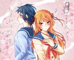  akaji_(alpha0107) blue_eyes blue_hair blush braid brown_eyes floating_hair floral_background from_side hair_ribbon hand_on_own_chest hime_cut inari_konkon_koi_iroha. long_hair long_sleeves multiple_girls orange_hair pink_background profile red_ribbon ribbon sanjou_keiko school_uniform serafuku short_hair side_braid sumizome_akemi wind yuri 