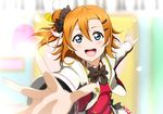  :d blue_eyes blurry bow depth_of_field earrings hair_ornament hairclip heart highres jewelry kousaka_honoka love_live! love_live!_school_idol_project official_style one_side_up open_mouth orange_hair outstretched_arm outstretched_hand reaching shiimai smile solo sore_wa_bokutachi_no_kiseki 