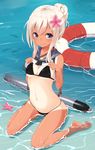  alternate_costume alternate_hairstyle bad_id bad_pixiv_id barefoot beach bikini bikini_under_clothes black_bikini blonde_hair blue_eyes blush breasts cleavage crop_top flower hair_flower hair_ornament kantai_collection lifebuoy long_hair looking_at_viewer navel one-piece_tan outdoors partially_submerged ro-500_(kantai_collection) sailor_collar school_uniform serafuku shirt_lift sitting small_breasts smile solo swimsuit swimsuit_under_clothes takehana_note tan tanline torpedo wariza water wet 