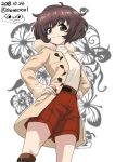  1girl absurdres akiyama_yukari bangs beige_coat belt black_belt blurry blurry_background boots brown_eyes brown_footwear brown_hair brown_shorts casual closed_mouth coat commentary cowboy_shot dated excel_(shena) eyebrows_visible_through_hair fur-trimmed_coat fur-trimmed_sleeves fur_trim girls_und_panzer hands_on_hips head_tilt highres knee_boots looking_at_viewer messy_hair open_clothes open_coat shirt short_hair shorts smile solo standing turtleneck twitter_username watermark white_shirt winter_clothes 