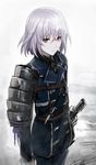  androgynous armor bad_id bad_pixiv_id double-breasted honebami_toushirou japanese_armor kamemushi_(hoozuki) male_focus military military_uniform necktie purple_eyes shoulder_armor silver_hair sode solo sword touken_ranbu uniform wakizashi weapon 