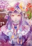  adapted_costume alternate_costume bow capelet crescent flower hair_bow hair_ornament hat hat_flower highres hogecomhoge lips long_hair mob_cap patchouli_knowledge purple_eyes purple_hair smile solo touhou upper_body vest 