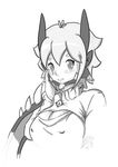  antenna_hair blush breasts brooch dragon dragon_girl greyscale highres jewelry kinokashi looking_at_viewer md5_mismatch medium_breasts meme_attire monochrome monster_hunter open-chest_sweater rathian short_hair simple_background sketch solo sweater torn_clothes turtleneck white_background wyvern 