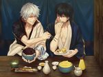  beans black_hair chopsticks gintama hadanugi_dousa hangleing highres hijikata_toushirou japanese_clothes kimono long_sleeves male_focus multiple_boys red_eyes rice sakata_gintoki short_sleeves silver_hair 