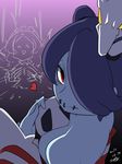  artist_name bloody_marie_(skullgirls) blue_skin dated downblouse edamame1555 gradient gradient_background hair_over_one_eye heart leviathan_(skullgirls) purple_hair red_eyes skullgirls solo_focus squigly_(skullgirls) stitched_mouth stitches striped_sleeves zombie 