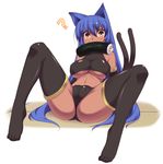  ? animal_ears aoi_senri blue_hair breasts cat_ears cat_tail covered_nipples crop_top dark_skin food highres kokuyouseki large_breasts long_hair makizushi mouth_hold multiple_tails navel original panties solo spread_legs sushi tail thighhighs underboob underwear yellow_eyes 