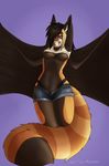  anthro bat big_breasts breasts clothed clothing female fluffy_tail fur hair hax-the-monster hybrid long_hair looking_at_viewer mammal neve partially_clothed red_panda smile solo standing undressing wings 