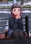 bangs bench black_hair black_legwear blunt_bangs blush braid breath brown_eyes cold commentary flower hands_together legs_together long_hair looking_at_viewer looking_up open_mouth original pantyhose railing red_scarf road roku_(saba_kan) scarf school_uniform sitting skirt snow snowing solo street sweater town twin_braids winter winter_clothes 
