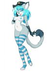  2015 anthro blue_eyes blue_hair breasts cat clothing feline female gloves hair hat legwear looking_at_viewer mammal navel one_eye_closed plain_background pussy stockings thuric tongue tongue_out tweedabop 