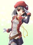  belt beret brown_hair gloves hat open_mouth red_eyes salute skirt solo thighhighs uniform yamagami_mozuku 
