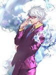  adjusting_eyewear formal gintama glasses hangleing male_focus sakata_gintoki silver_hair solo suit water white_hair 