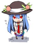  blue_hair boots brown_footwear chibi clenched_hands food fruit full_body hat hinanawi_tenshi long_hair looking_at_viewer neck_ribbon neropaso open_mouth peach red_eyes ribbon short_sleeves simple_background sketch skirt solo tears touhou very_long_hair white_background 