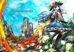  blue_hair blue_sky blurry boots bow broken_ground food fruit hat high_heel_boots high_heels hinanawi_tenshi knee_boots long_hair mountain peach puffy_short_sleeves puffy_sleeves red_eyes shirt short_sleeves skirt sky solo sword_of_hisou touhou umigarasu_(kitsune1963) 