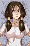  aura black_hair blue_background blue_eyes breasts collarbone dragon_ball dragon_ball_z hair_over_shoulder hair_tubes hands_on_hips highres long_hair medium_breasts pout shirt solo t-shirt twintails upper_body videl whistle_frog 