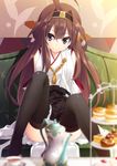  ahoge bad_id bad_pixiv_id black_footwear black_legwear black_tea blurry blush boots brown_hair cake convenient_censoring couch cup depth_of_field detached_sleeves double_bun food hairband headgear japanese_clothes kantai_collection kongou_(kantai_collection) long_hair looking_at_viewer matsuyama_nozomu nontraditional_miko sitting skirt smile solo tea teacup teapot thigh_boots thighhighs tiered_tray 
