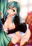  absurdres bar_censor blush breasts brown_legwear censored couch green_eyes green_hair hair_ornament highres kantai_collection large_breasts long_hair looking_at_viewer navel nipples nironiro open_clothes open_mouth panties school_uniform solo suzuya_(kantai_collection) thighhighs underwear white_panties 
