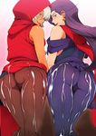  2girls aftersex ass breasts censored cum cum_on_ass cum_on_body cum_on_lower_body dark_skin earrings from_behind green_eyes gureko_rouman highres hood jewelry jojo_no_kimyou_na_bouken legs lisa_lisa long_hair looking_back mariah multiple_girls pantyhose purple_hair pussy short_hair simple_background thighs white_hair yellow_eyes 