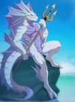  2015 anthro aquatic_dragon digitigrade dragon fangs featureless_crotch frills lizard looking_away male muscles nude patto polearm purple_belly purple_scales reptile rock sahagin scalie sea sitting solo trident water weapon webbed webbed_feet white_scales 