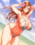  alternate_costume armpits arms_behind_head arms_up beach bikini bleach blue_sky blush breasts brown_eyes brown_hair cleavage cloud collarbone curvy day dutch_angle erect_nipples eyebrows_visible_through_hair eyelashes flower hair_flower hair_ornament highres hips inoue_orihime large_breasts lips long_hair looking_at_viewer milf momofuki_rio navel ocean open_mouth outdoors plump shiny shiny_skin skindentation sky smile solo standing stomach string_bikini swimsuit thick_thighs thighs white_bikini wide_hips 