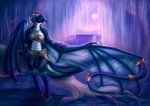  2015 anthro blue_skin claws clothing dragon fangs fantasy female glowing green_eyes horn markings moon naira night purple_skin scalie solo wings 