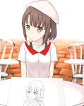  :t bangs beret blush brown_hair chair collarbone hands hat highres jewelry katou_megumi pendant pout saenai_heroine_no_sodatekata short_hair short_sleeves sketch solo table white_hat yellow_eyes yuki_arare 