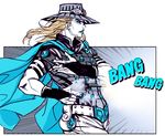  belt blue_eyes blue_lipstick brown_hair cape gun gyro_zeppeli handgun hat hosino_hikaru jojo_no_kimyou_na_bouken lipstick long_hair makeup male_focus revolver solo steel_ball_run text_focus weapon 