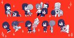  5boys absurdres anko_(kirikiri) chasing chibi clinging eyepatch fan fleeing gamagoori_ira harime_nui harisen hat highres hug inumuta_houka jakuzure_nonon junketsu kill_la_kill kinagase_tsumugu kiryuuin_satsuki leg_hug mankanshoku_mako matoi_ryuuko mikisugi_aikurou multiple_boys multiple_girls red_background sanageyama_uzu senketsu shako_cap sheath sheathed skirt smile sword turn_pale weapon 