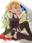  bad_id bad_pixiv_id bare_shoulders black_footwear black_legwear blonde_hair blue_eyes boots earrings elbow_gloves fei_(songyijie) flower gloves highres jewelry junketsu_no_maria looking_at_viewer maria_(junketsu_no_maria) rose short_hair sitting solo thigh_boots thigh_strap thighhighs 