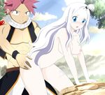  1boy 1girl blue_eyes blush breasts clothed_male_nude_female doggystyle fairy_tail mirajane_strauss natsu_dragneel nipples outdoors sex white_hair 