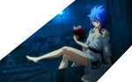  1girl bare_shoulders barefoot blue_hair book breasts cleavage fairy_tail highres japanese_clothes levy_mcgarden open_book open_clothes reading screencap stitched wafuku yukata 