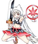  :d absurdres animal_ears animal_hood armpits blush cape detached_sleeves fangs geta highres hood huge_weapon inte_(whitewolftail) inubashiri_momiji looking_at_viewer midriff miniskirt navel open_mouth red_eyes sarashi shield silver_hair skirt slit_pupils smile socks solo sword tabi tail tengu-geta toned touhou traditional_media weapon wolf_ears wolf_tail 