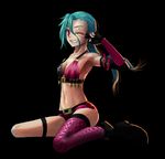  1girl armpits belt black_background blue_hair boots breasts bullet female highres jinx_(league_of_legends) league_of_legends looking_at_viewer pink_eyes shorts simple_background single_thighhigh solo twintails wink 