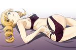  ass blonde_hair bra drill_hair highres lace lace-trimmed_bra lace-trimmed_panties lingerie long_hair lying mahou_shoujo_madoka_magica on_side panties purple_bra purple_panties sat-c shiny shiny_hair shiny_skin smile solo tomoe_mami twin_drills underwear underwear_only yellow_eyes 