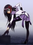  akemi_homura argyle argyle_legwear black_hair black_legwear capelet frills full_body hair_ribbon hairband high_heels highres leg_up long_hair long_legs long_sleeves magical_girl mahou_shoujo_madoka_magica pantyhose purple_eyes red_hairband ribbon sat-c shaded_face shadow shiny shiny_hair shiny_skin skirt solo soul_gem stretch 