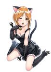  ;o akiyama_yukari animal_ears bell bell_choker black_dress blush breasts brown_eyes brown_hair cat_ears cat_tail choker cleavage dress girls_und_panzer gloves high_heels jingle_bell kemonomimi_mode kyon_(fuuran) looking_at_viewer medium_breasts nishizumi_maho nishizumi_miho one_eye_closed open_mouth paw_gloves paw_pose paws short_hair silhouette_demon simple_background sitting solo strap_slip tail wariza white_background 