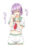  highres kantai_collection niwatazumi paw_pose purple_hair school_uniform short_hair shorts solo tama_(kantai_collection) translated 