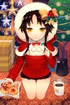  animal_print bad_id bad_pixiv_id basket bear_print black_hair bow checkerboard_cookie christmas_ornaments christmas_tree coffee_mug cookie cup flat_chest food fork fur_trim gearous gift highres holly kneeling mug open_mouth pleated_skirt ribbon santa_costume short_hair sidelocks sita_vilosa skirt snowflake_print solo star sword_girls yellow_eyes 