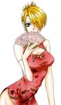  absurdres blonde_hair brown_eyes china_dress chinese_clothes cleavage_cutout dress fan folded_ponytail folding_fan fullmetal_alchemist highres kaname_a riza_hawkeye side_slit solo 