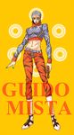  animal_print argyle argyle_sweater character_name demon_(02030108) full_body guido_mista gun hat jojo_no_kimyou_na_bouken male_focus midriff solo sweater text_focus tiger_print weapon 