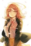  1girl alti_meizi beige_skirt black_jacket breasts closed_mouth danganronpa eyebrows_visible_through_hair eyes_closed flipped_hair hair_between_eyes jacket jacket_lift large_breasts light_brown_hair nanami_chiaki open_clothes open_jacket out_of_frame pink_ribbon pleated_skirt ribbon shirt short_hair simple_background skirt smile solo super_danganronpa_2 white_background white_shirt wind 