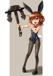  adapted_costume anchor animal_ears brown_hair bunny_ears bunny_tail bunnysuit fake_animal_ears fang full_body hairband ikazuchi_(kantai_collection) kantai_collection katahira_masashi leotard mary_janes pantyhose shoes side-tie_leotard standing tail wrist_cuffs 