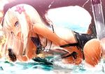  blue_eyes flower hair_flower hair_ornament kantai_collection long_hair mizusaki_(tengoku) one-piece_tan open_mouth ro-500_(kantai_collection) school_swimsuit school_uniform sexually_suggestive sketch swimsuit swimsuit_pull tan tanline torpedo water white_hair 