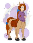  anklet blue_eyes breasts brown_hair centaur clothed clothing dragon-fangx equine female hair hoodie hooves human mammal ponytail ribbons saddle_bag smile solo taur 