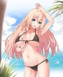  aqua_eyes arm_up ass_visible_through_thighs atago_(kantai_collection) beach bikini black_bikini blonde_hair blurry blush breasts cloud collarbone contrapposto cowboy_shot day depth_of_field front-tie_top groin hand_on_own_head hsuliherng jewelry kantai_collection large_breasts long_hair looking_at_viewer navel ocean open_mouth outdoors ring side-tie_bikini sky smile solo standing swimsuit underboob untying water wedding_band wet 