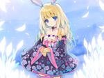  animal_ears bare_shoulders blonde_hair bunny_ears detached_sleeves dress elin_(tera) emily_(pure_dream) japanese_clothes long_hair purple_eyes solo tera_online thighhighs 