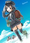 :d akitsu_maru_(kantai_collection) ass backpack bag black_eyes black_hair black_legwear blue_sky cloud daihatsu_(landing_craft) daihatsu_landing_craft day dutch_angle fairy_(kantai_collection) from_behind gloves head_tilt kantai_collection looking_at_viewer looking_back machinery military military_uniform multiple_girls open_mouth pleated_skirt randoseru remodel_(kantai_collection) salute skirt sky smile sogabe_toshinori solo_focus thighhighs twitter_username uniform white_gloves 
