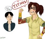  1girl bad_deviantart_id bad_id brown_hair crossover english glasses hange_zoe herman_gottlieb levi_(shingeki_no_kyojin) newton_geiszler pacific_rim rogue_titan shingeki_no_kyojin short_hair tattoo 