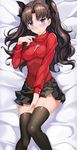  between_legs black_legwear blue_eyes blush brown_hair dakimakura fate/stay_night fate_(series) hair_ribbon hand_between_legs long_hair lying odibil on_back ribbon skindentation skirt solo sweater thighhighs toosaka_rin turtleneck two_side_up zettai_ryouiki 